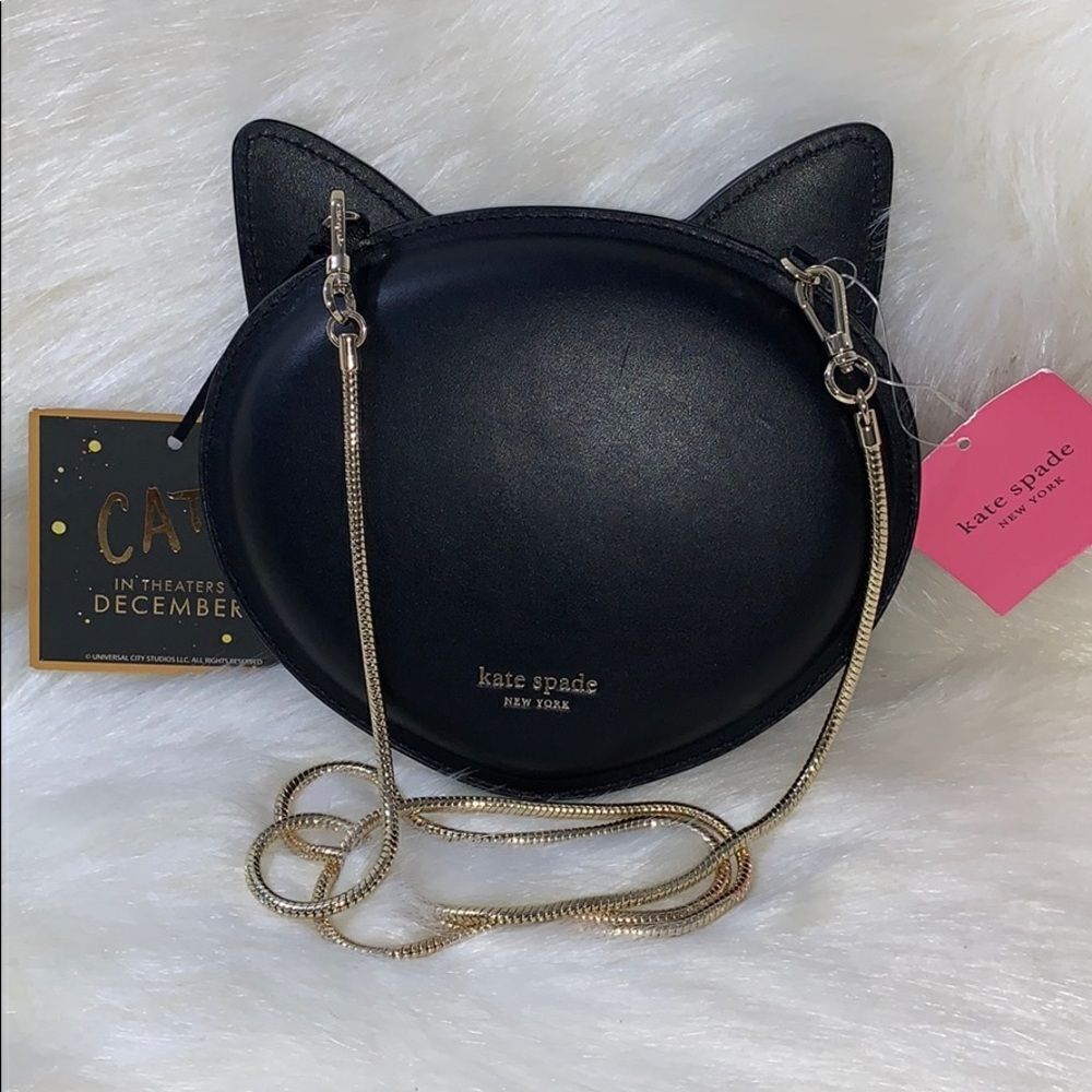 KATE SPADE BLACK CAT CROSSBODY BAG MEOW NOVELTY PURSE LEATHER GOLD CHAIN - Picture 4 of 9